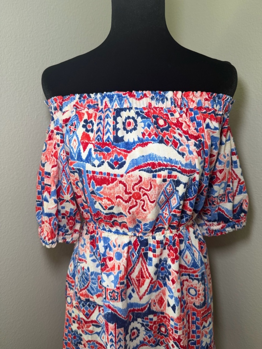 LOFT Off-the-Shoulder Ruffle Printed Cotton Blend Dress in Blue & Red - Picture 3 of 7